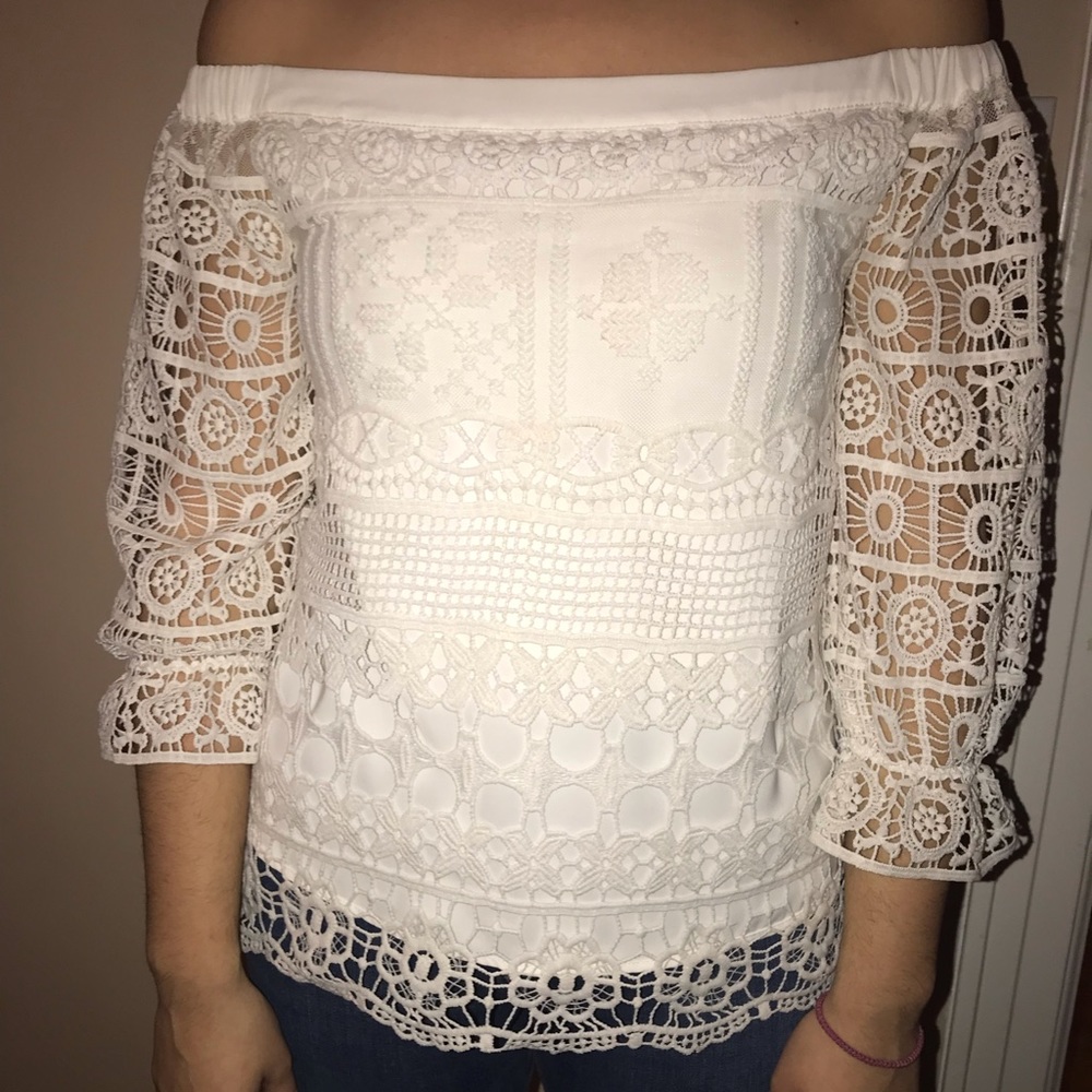 Greylin flowy, lace, off the shoulder blouse.